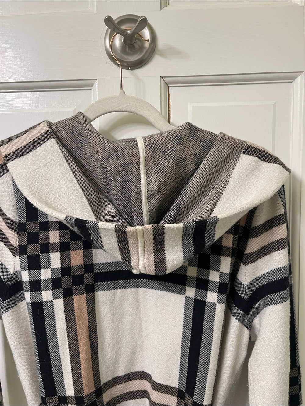 Christian Siriano Plaid Hooded Wrap Sweater Coat - Cream, Gray, Black, Brown - Picture 10 of 14